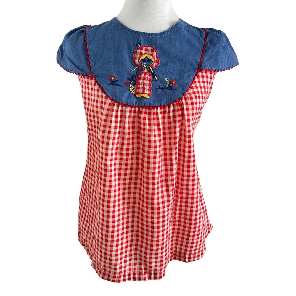 VTG Prairie Cottagecore Red Gingham and Denim Top Made in the USA